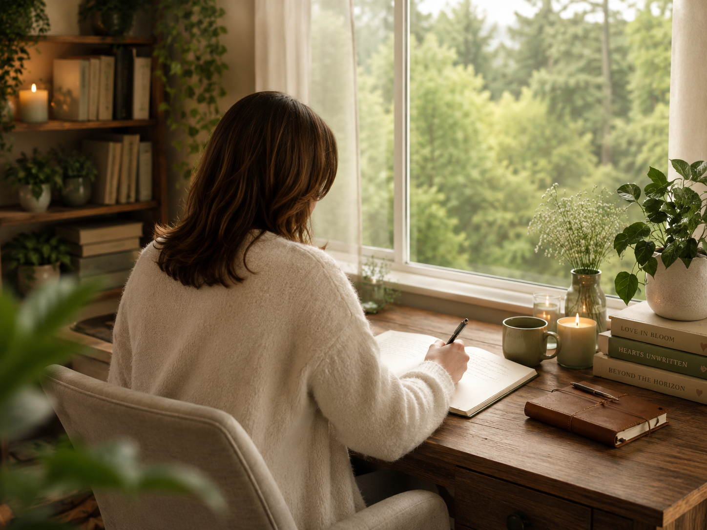 Sera Lux schrijft aan haar bureau bij het raam